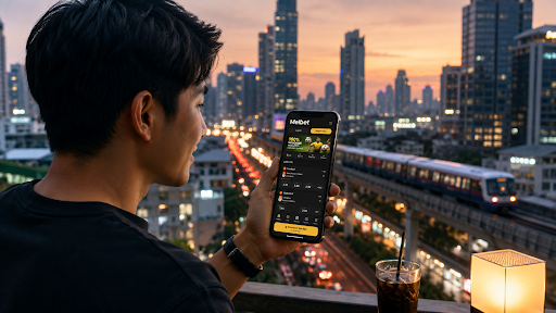 young-Thai-man-viewing-skyline-with-mobile-app